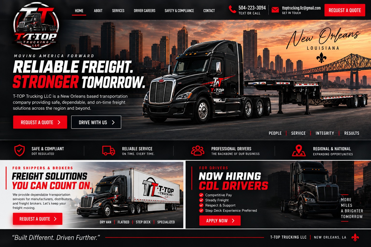 T-TOP Trucking website with black semi, step-deck trailer, New Orleans skyline, freight services and driver hiring panels
